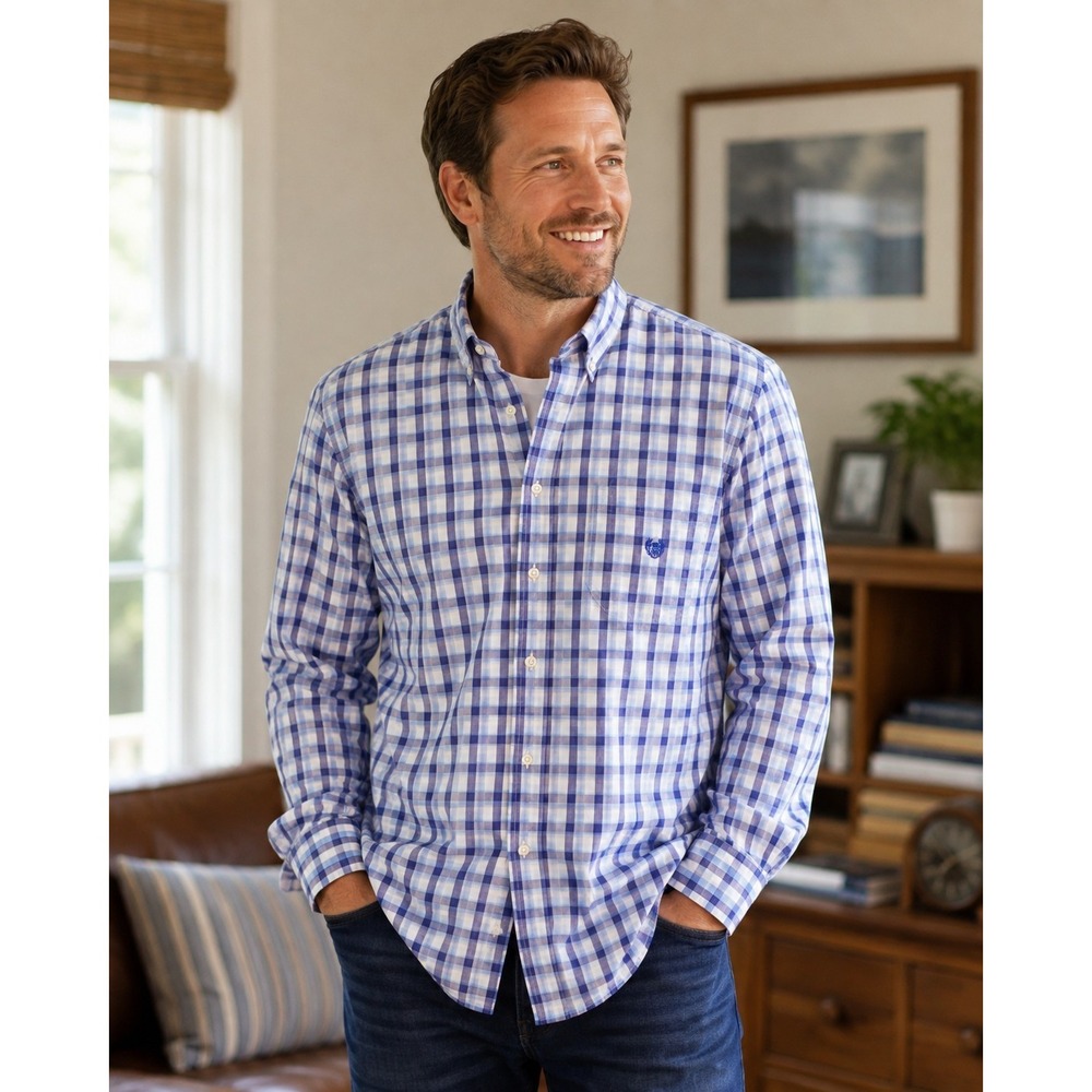 Chaps Easy Care Shirt Mens XXL Blue Check Button Front Cotton Career Casual